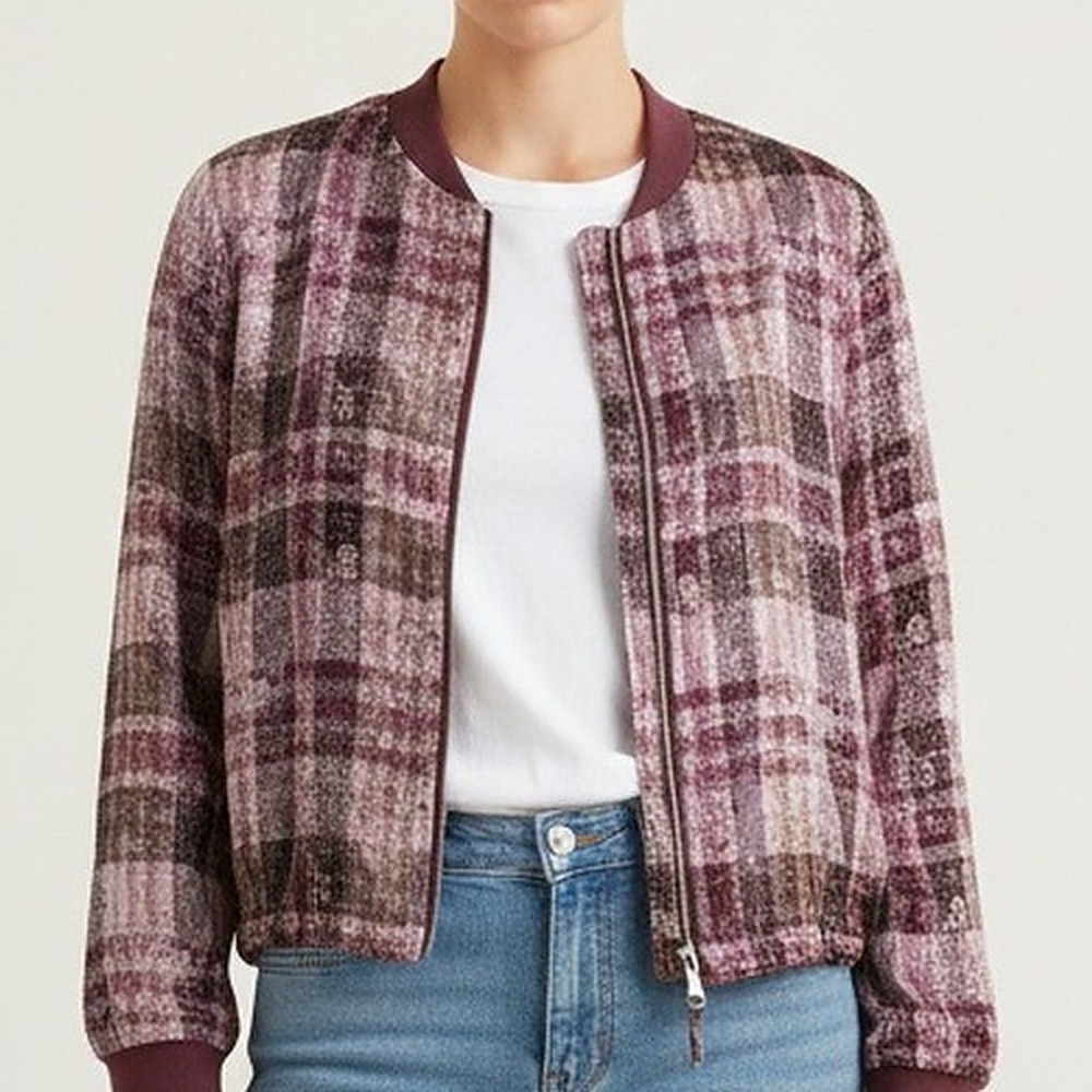 Mystree NWT Satin Plaid Bomber Jacket Womens M Pink Plum Burgundy Ribbed Trim